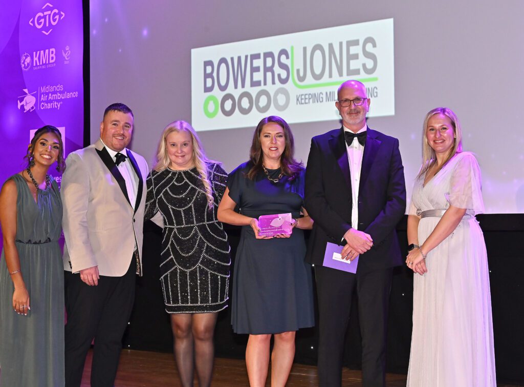 Left to right: Awards host Amber Sandhu, Bowers & Jones operations director James Owen, Bowers & Jones finance director Nicola Owen, Bowers & Jones managing director Jane Sommerville, Jon Cottrell from award sponsor Midlands Air Ambulance Charity and Chamber CEO Sarah Moorhouse